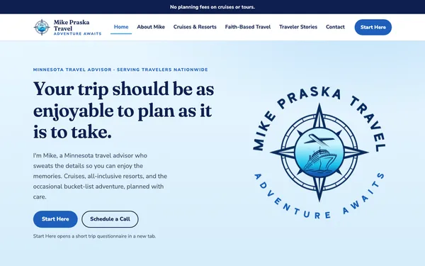 Home page of mikepraskatravel.com, with the headline "Your trip should be as enjoyable to plan as it is to take."